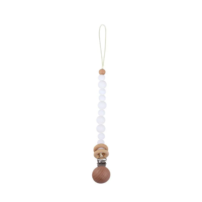 Beech wood clip pacifier chain 29cm length with silicone beads in assorted colours for baby.