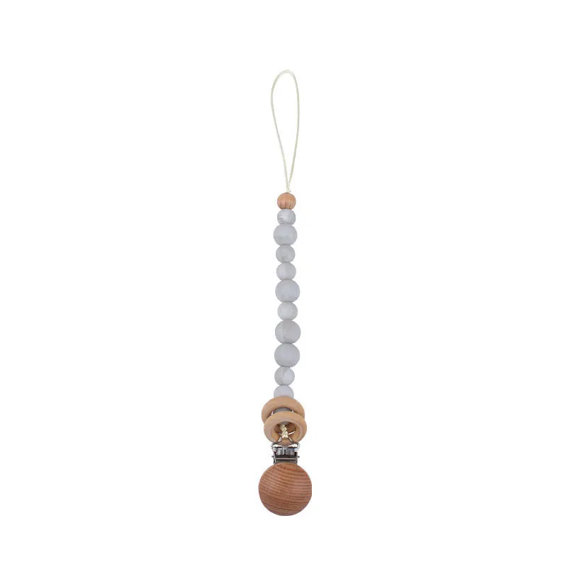 Beech wood clip pacifier chain 29cm length with silicone beads in assorted colours for baby.