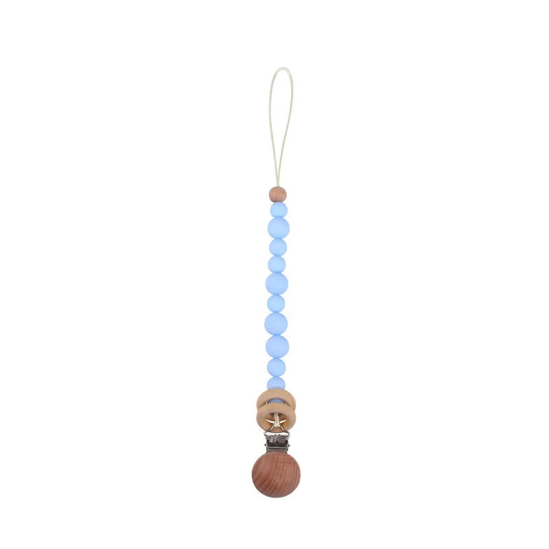 Beech wood clip pacifier chain 29cm length with silicone beads in assorted colours for baby.