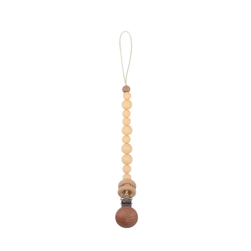 Beech wood clip pacifier chain 29cm length with silicone beads in assorted colours for baby.