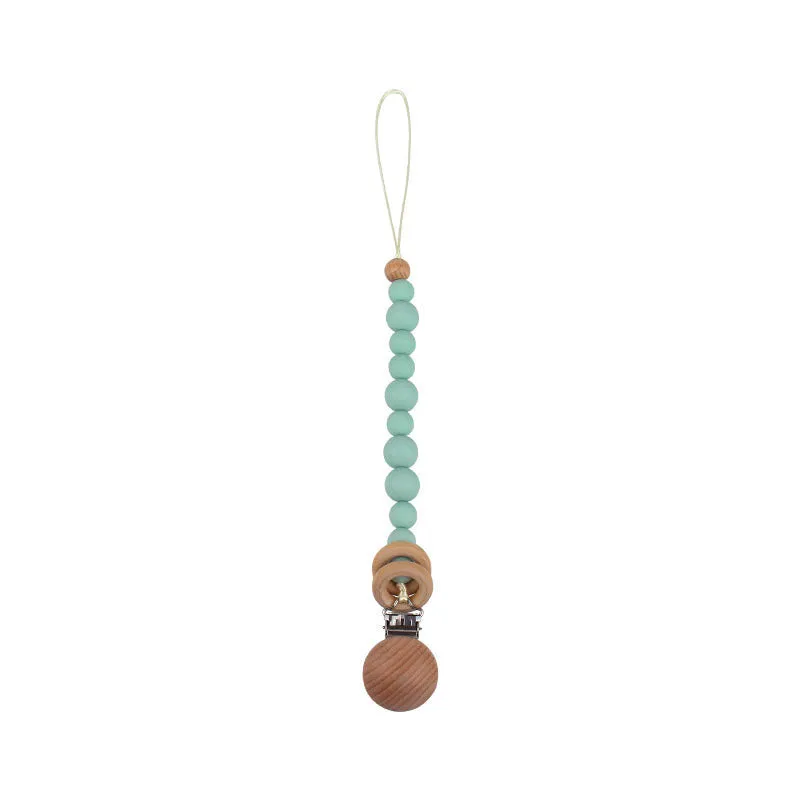 Beech wood clip pacifier chain 29cm length with silicone beads in assorted colours for baby.