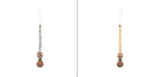 Beech wood clip pacifier chain 29cm length with silicone beads in assorted colours for baby.