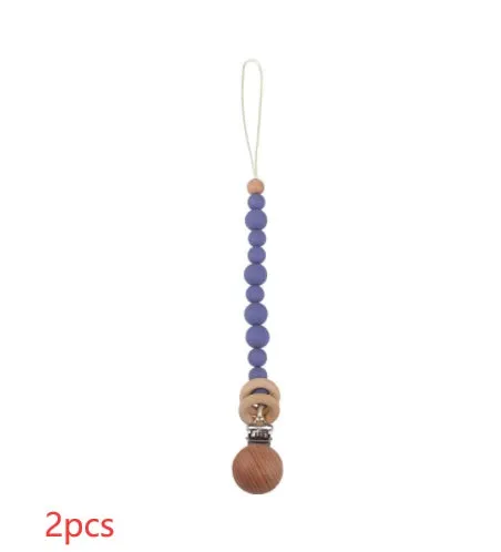Beech wood clip pacifier chain 29cm length with silicone beads in assorted colours for baby.