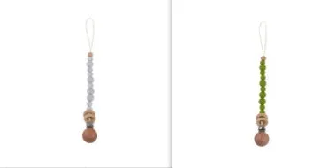 Beech wood clip pacifier chain 29cm length with silicone beads in assorted colours for baby.