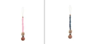 Beech wood clip pacifier chain 29cm length with silicone beads in assorted colours for baby.