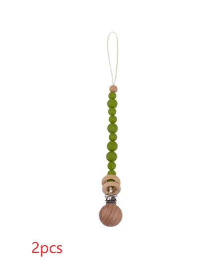 Beech wood clip pacifier chain 29cm length with silicone beads in assorted colours for baby.