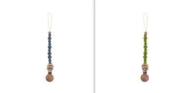 Beech wood clip pacifier chain 29cm length with silicone beads in assorted colours for baby.