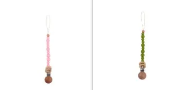 Beech wood clip pacifier chain 29cm length with silicone beads in assorted colours for baby.