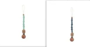 Beech wood clip pacifier chain 29cm length with silicone beads in assorted colours for baby.