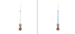 Beech wood clip pacifier chain 29cm length with silicone beads in assorted colours for baby.