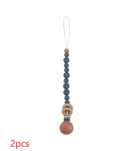 Beech wood clip pacifier chain 29cm length with silicone beads in assorted colours for baby.