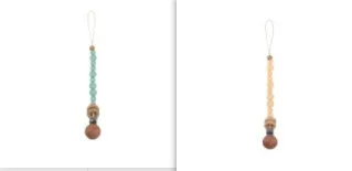 Beech wood clip pacifier chain 29cm length with silicone beads in assorted colours for baby.