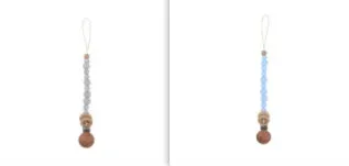 Beech wood clip pacifier chain 29cm length with silicone beads in assorted colours for baby.