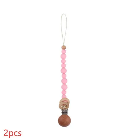 Beech wood clip pacifier chain 29cm length with silicone beads in assorted colours for baby.