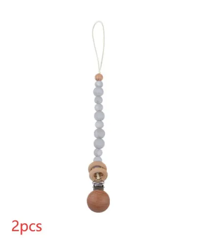 Beech wood clip pacifier chain 29cm length with silicone beads in assorted colours for baby.