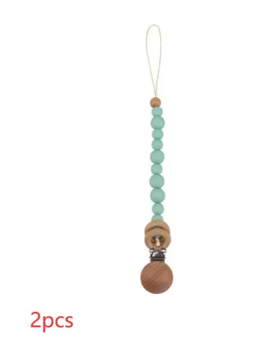 Beech wood clip pacifier chain 29cm length with silicone beads in assorted colours for baby.