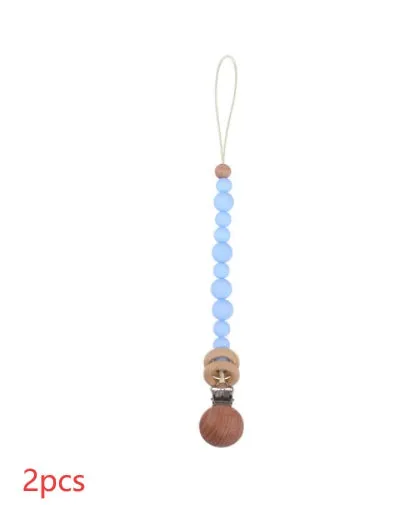 Beech wood clip pacifier chain 29cm length with silicone beads in assorted colours for baby.