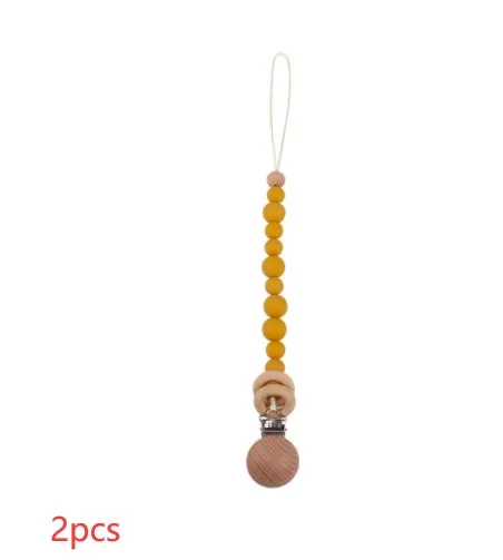 Beech wood clip pacifier chain 29cm length with silicone beads in assorted colours for baby.