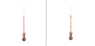 Beech wood clip pacifier chain 29cm length with silicone beads in assorted colours for baby.
