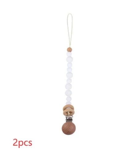 Beech wood clip pacifier chain 29cm length with silicone beads in assorted colours for baby.