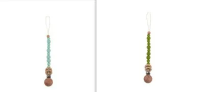 Beech wood clip pacifier chain 29cm length with silicone beads in assorted colours for baby.