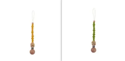 Beech wood clip pacifier chain 29cm length with silicone beads in assorted colours for baby.