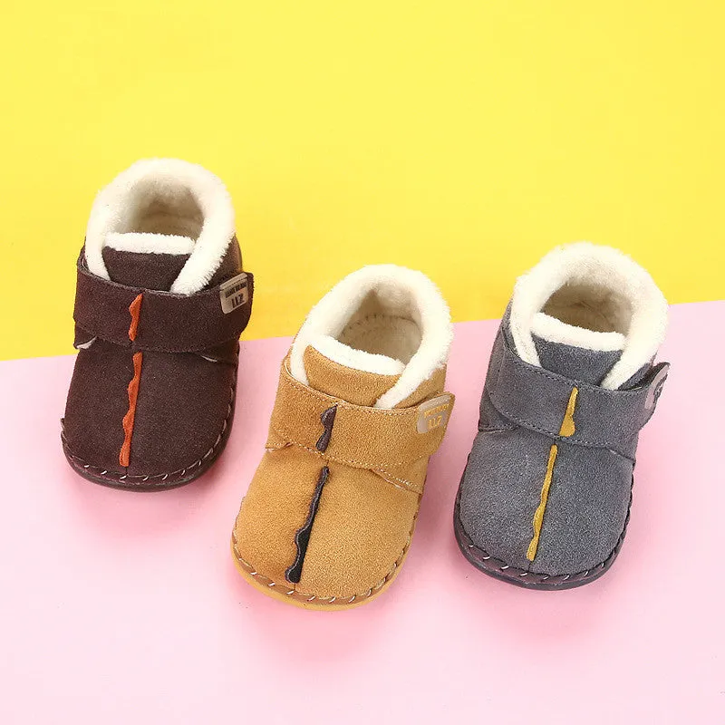 Children's winter cotton shoes with fleece lining and Velcro fastening in dark brown