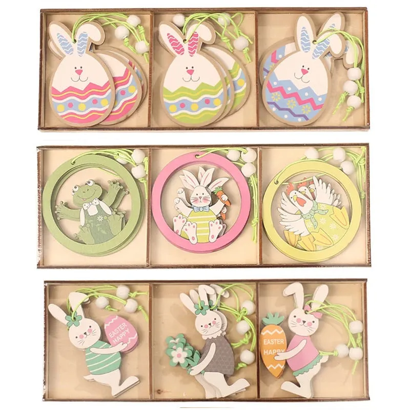 Set of 9 painted wooden Easter pendants with bunny, egg, and owl designs on a light background