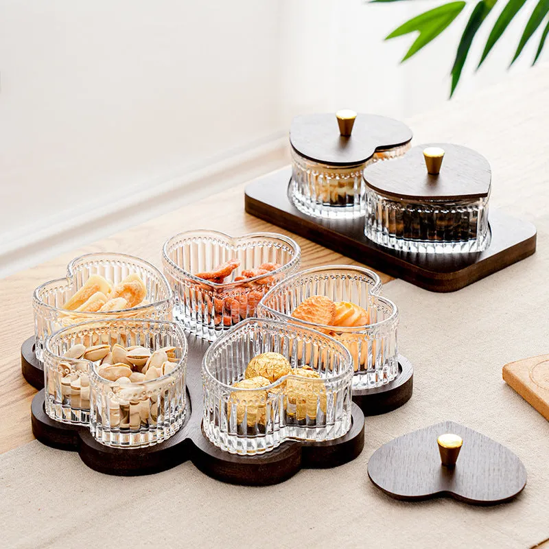 Glass serving platter with heart-shaped lids in a 4-grid configuration on a table