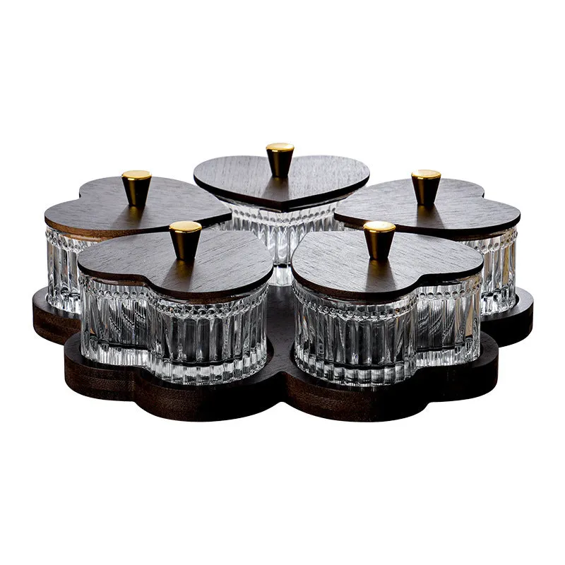 Glass serving platter with heart-shaped lids in a 4-grid configuration on a table