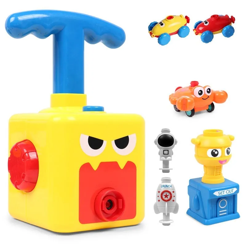 Children's air balloon powered car toy set including 2 cars, 12 balloons, and pump, made from ABS plastic, available in duck upgrade style