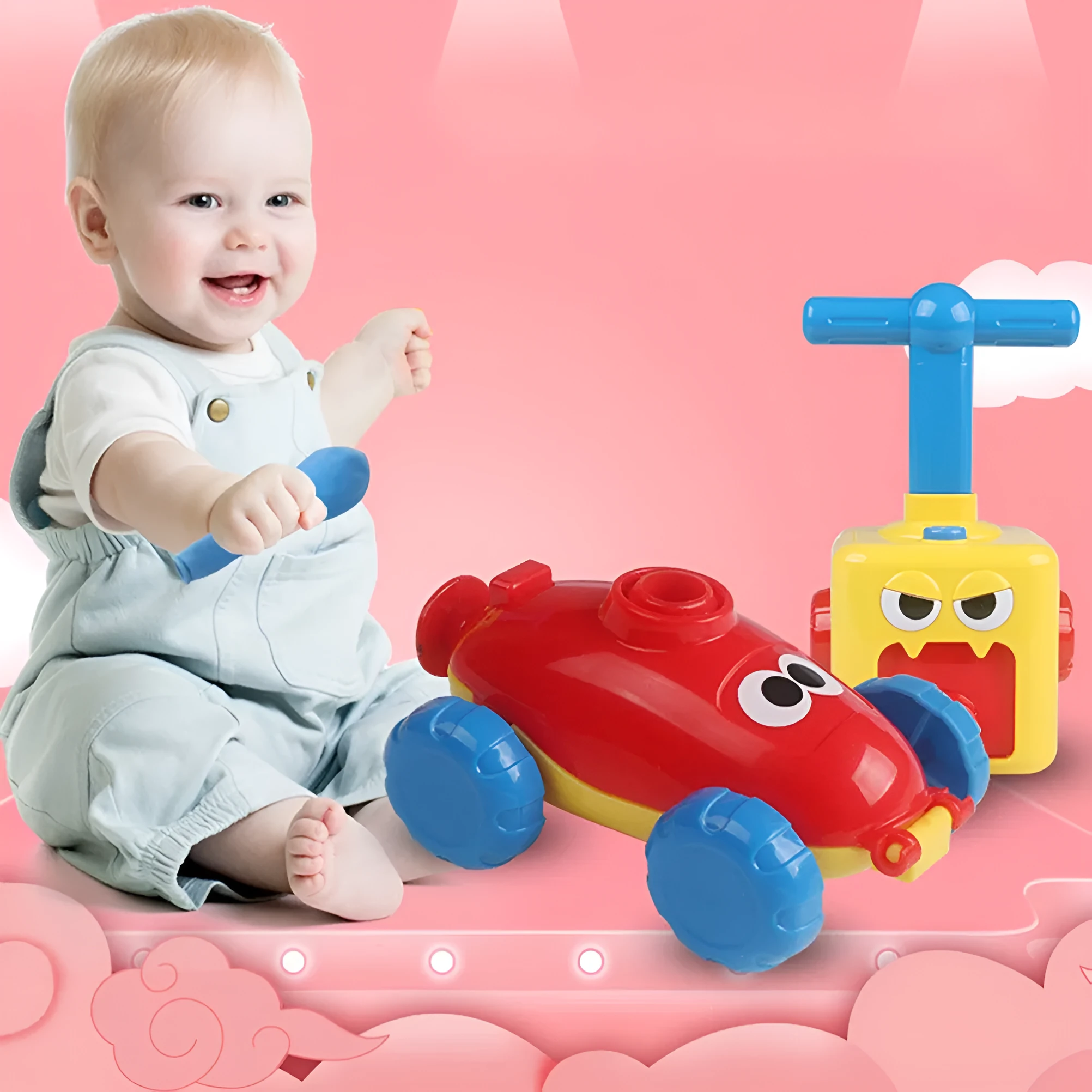 Children's air balloon powered car toy set including 2 cars, 12 balloons, and pump, made from ABS plastic, available in duck upgrade style