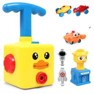 Children's air balloon powered car toy set including 2 cars, 12 balloons, and pump, made from ABS plastic, available in duck upgrade style