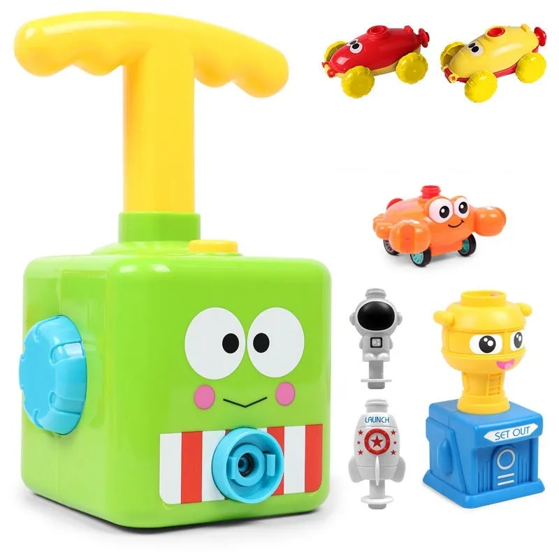 Children's air balloon powered car toy set including 2 cars, 12 balloons, and pump, made from ABS plastic, available in duck upgrade style