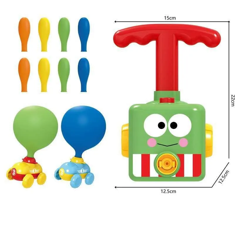 Children's air balloon powered car toy set including 2 cars, 12 balloons, and pump, made from ABS plastic, available in duck upgrade style