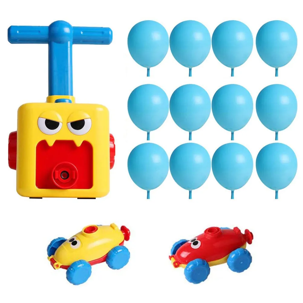 Children's air balloon powered car toy set including 2 cars, 12 balloons, and pump, made from ABS plastic, available in duck upgrade style