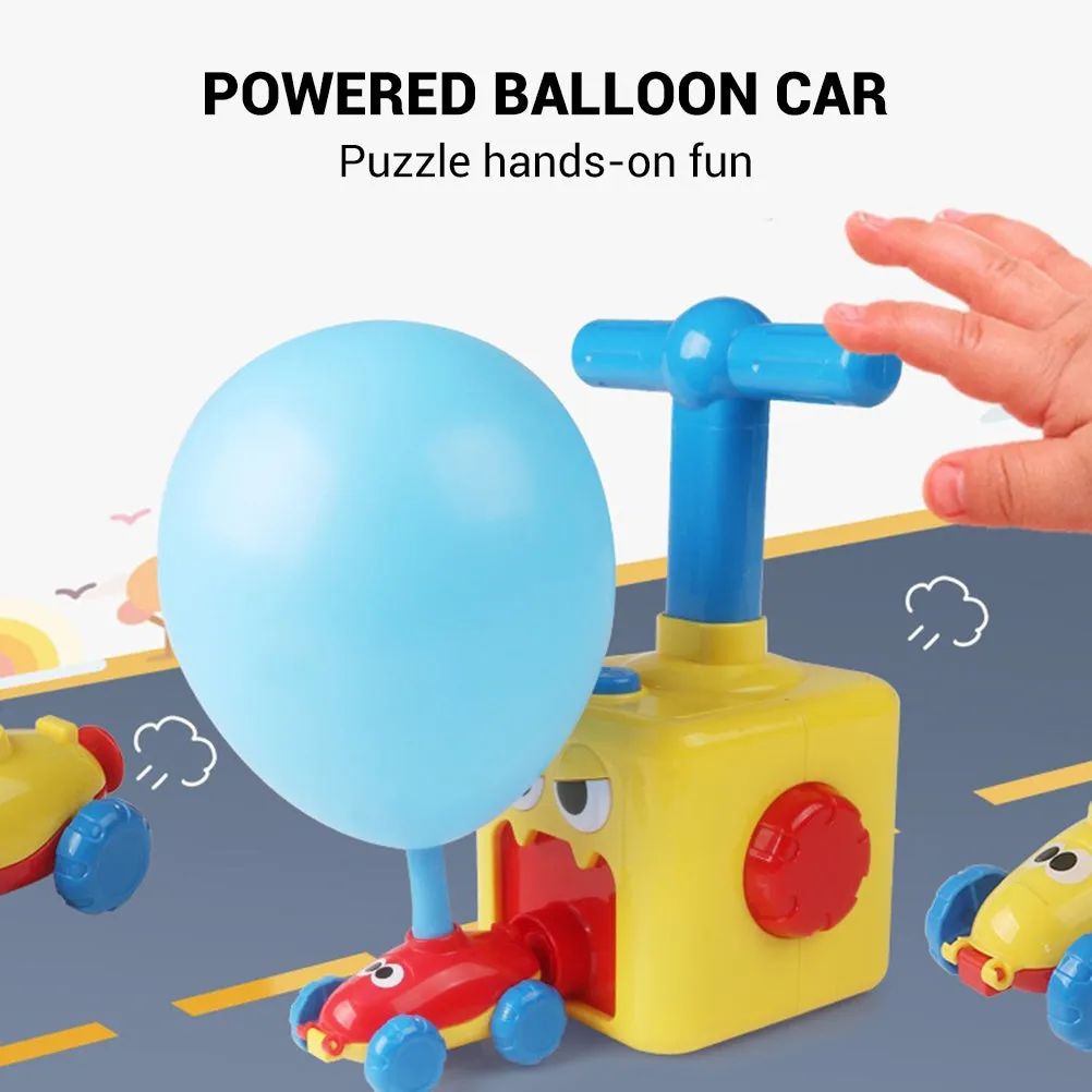 Children's air balloon powered car toy set including 2 cars, 12 balloons, and pump, made from ABS plastic, available in duck upgrade style