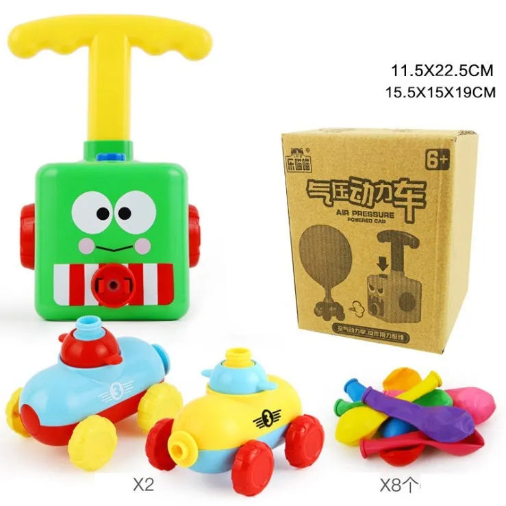 Children's air balloon powered car toy set including 2 cars, 12 balloons, and pump, made from ABS plastic, available in duck upgrade style