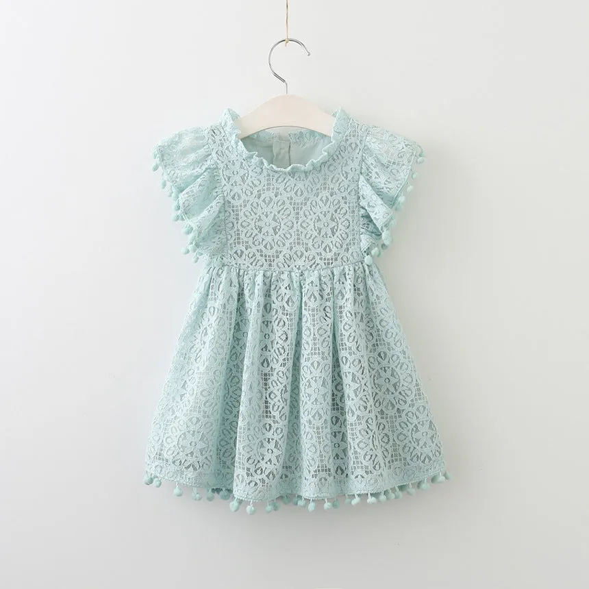 Childrens tassel hollow out princess dress summer Korean style girls dress soft folds fabric Class A