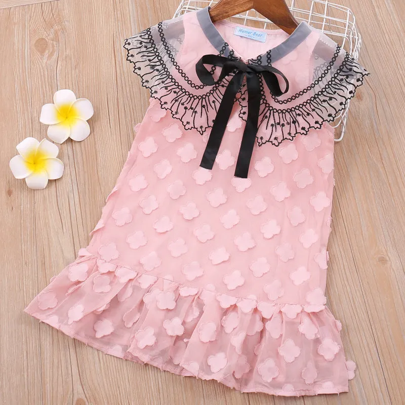 Childrens tassel hollow out princess dress summer Korean style girls dress soft folds fabric Class A
