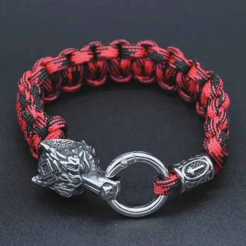 Handmade stainless steel wolf head bracelet with Luen characters in camouflage colour
