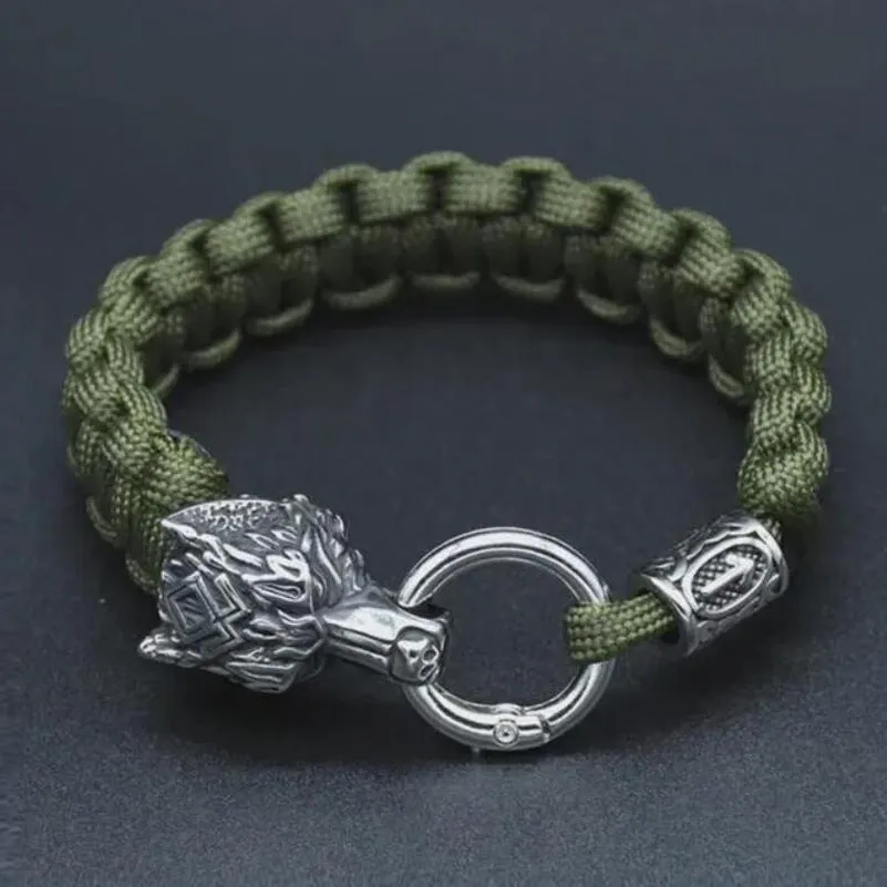 Handmade stainless steel wolf head bracelet with Luen characters in camouflage colour