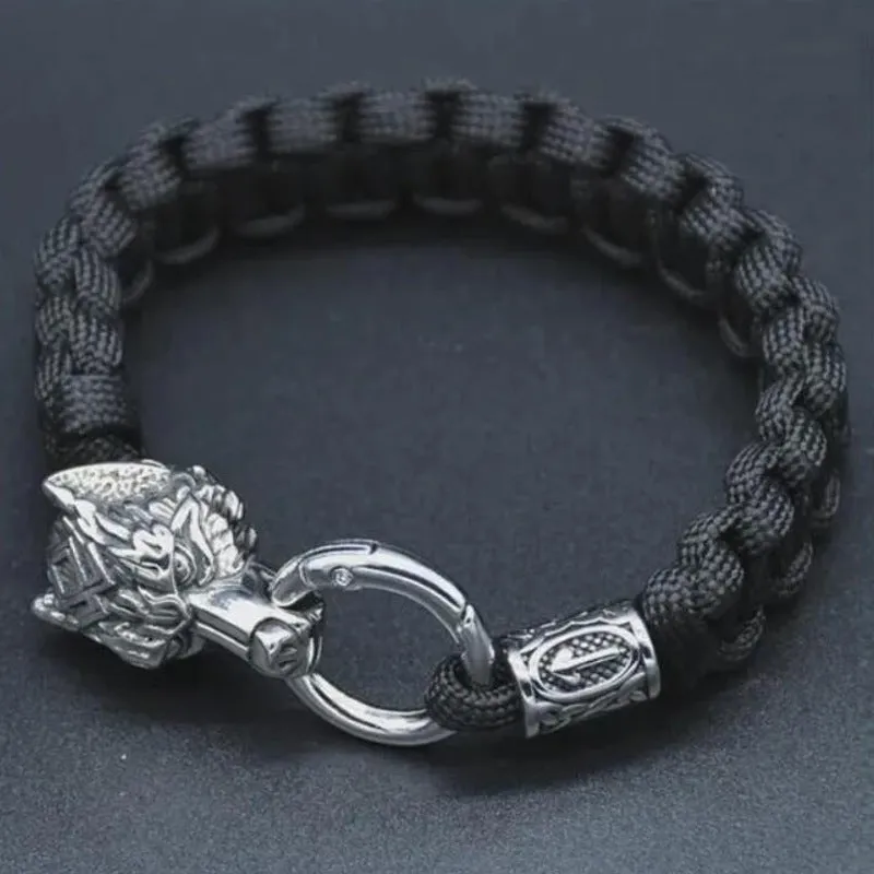 Handmade stainless steel wolf head bracelet with Luen characters in camouflage colour