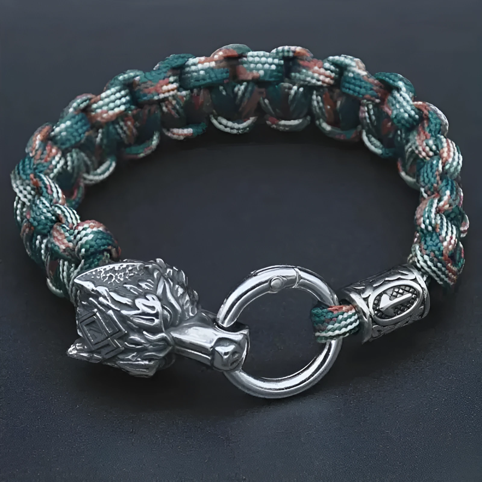 Handmade stainless steel wolf head bracelet with Luen characters in camouflage colour