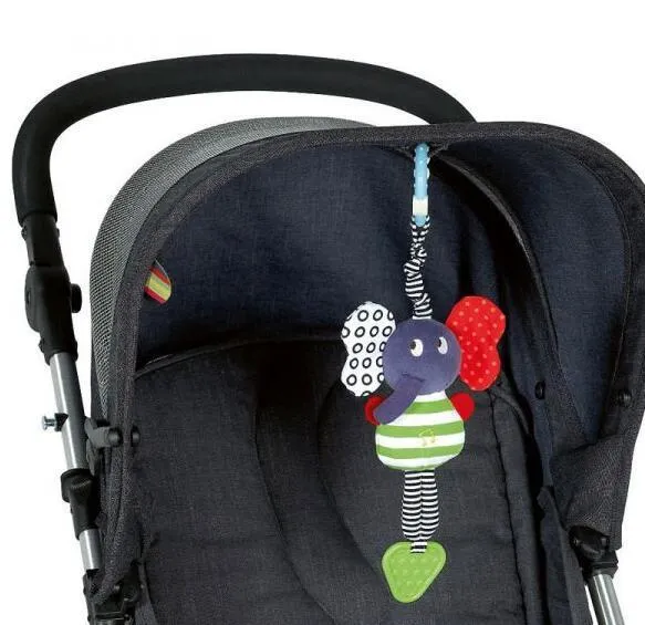 Musical Elephant baby hanging teether toy with tether hook, plush and cotton, 23cm height