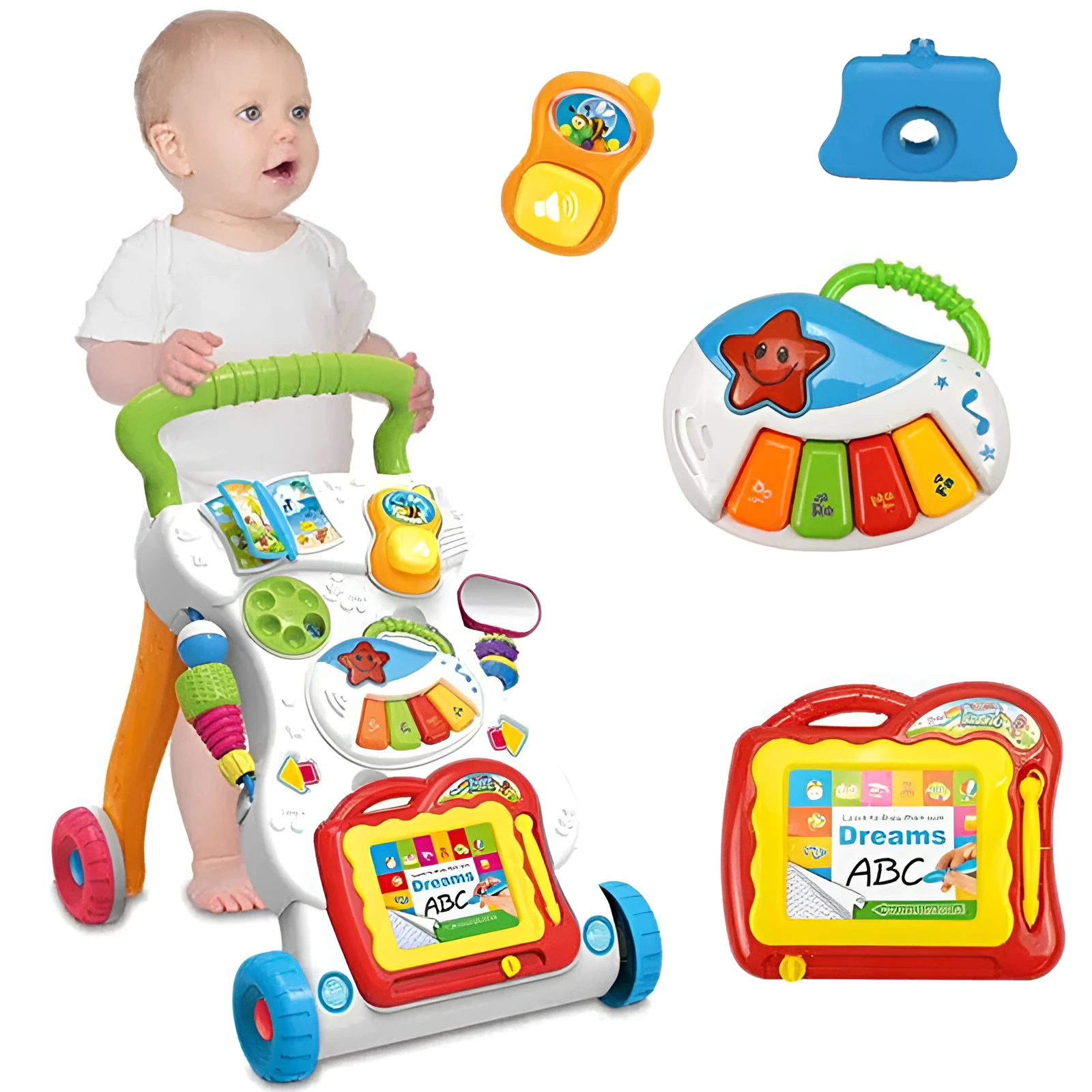 Baby stroller walker toy anti-rollover music for infant toddler learning walking standing in dark green and white