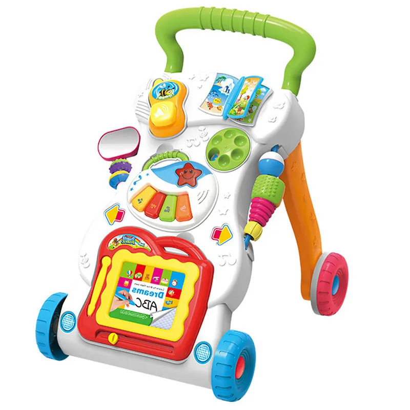 Baby stroller walker toy anti-rollover music for infant toddler learning walking standing in dark green and white