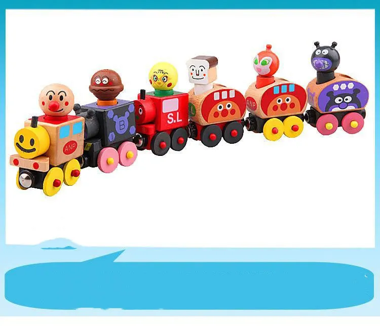 Wooden magnetic train puppet toy with six colourful villain figures in the van, 35x9x4cm, on a neutral background.