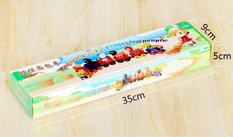 Wooden magnetic train puppet toy with six colourful villain figures in the van, 35x9x4cm, on a neutral background.