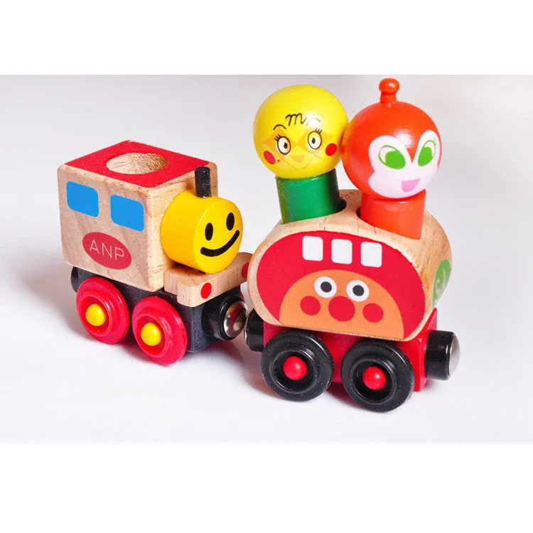 Wooden magnetic train puppet toy with six colourful villain figures in the van, 35x9x4cm, on a neutral background.